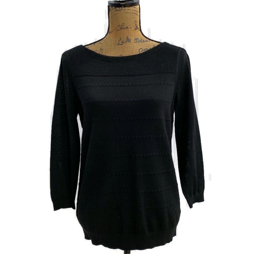 Loft Sweater MED Black Woven Dot Ribbed Boat Neck Wool Bl Business Casual LN